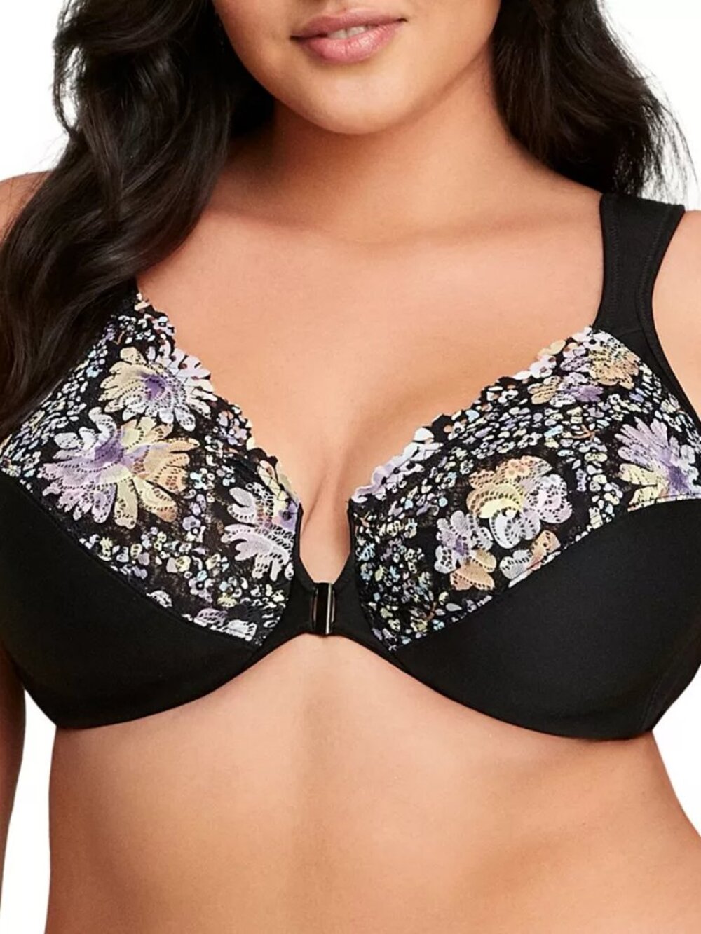 NWOT Glamorise 1245 Front Closure WonderWire Bra 38F Black Floral Full Coverage